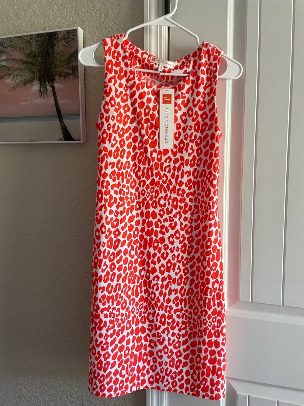 Jude Connally Coral and White Leopard-Print Sleeveless Shift Dress